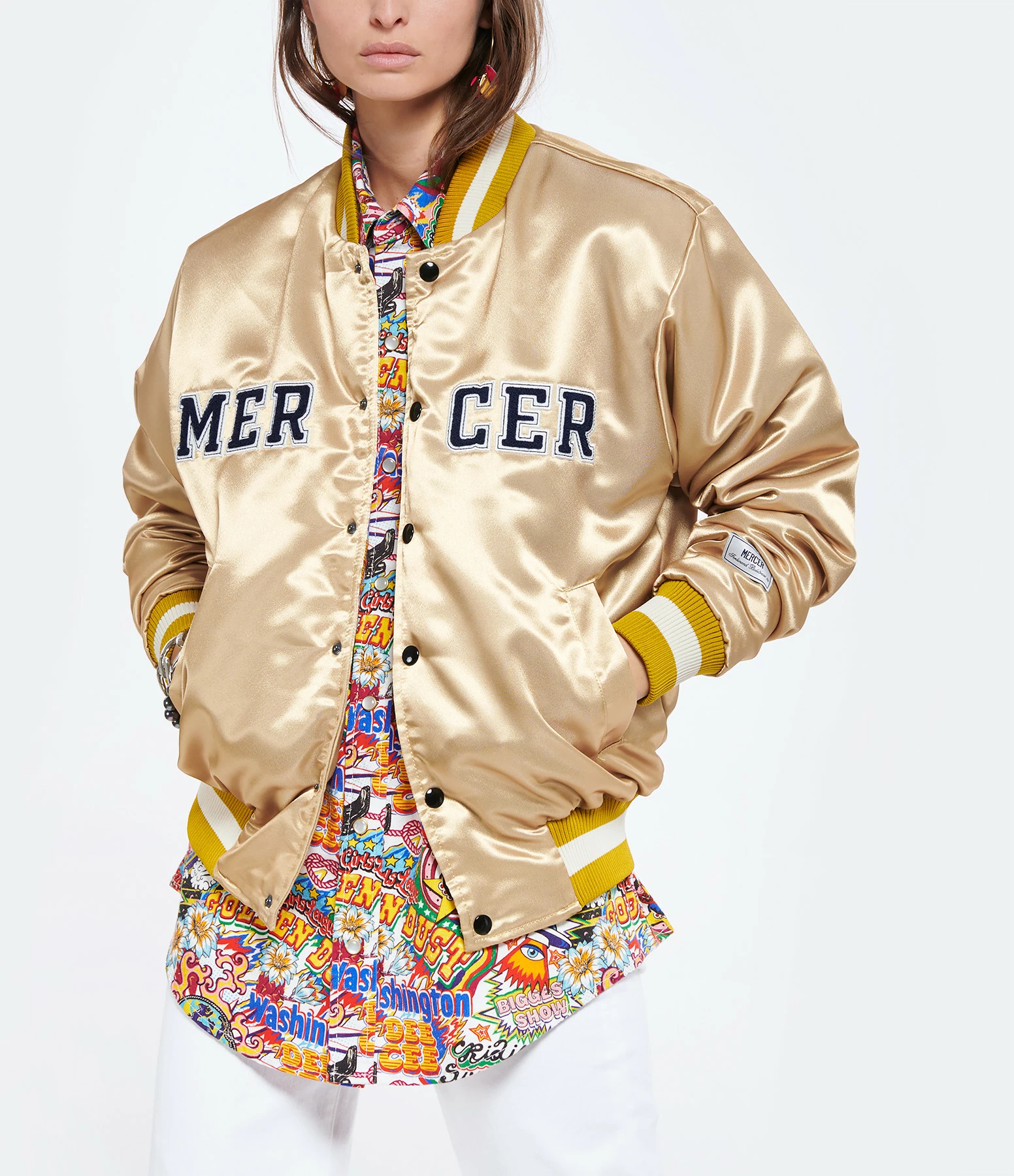 Nouveau ⭐ MERCER Veste Bomber Varsity Satin Jaune ???? 3 Nouveau ⭐ MERCER Veste Bomber Varsity Satin Jaune ???? – Image 3