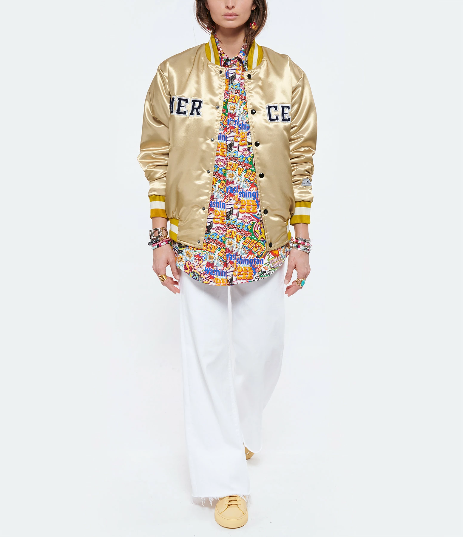 Nouveau ⭐ MERCER Veste Bomber Varsity Satin Jaune ???? 4 Nouveau ⭐ MERCER Veste Bomber Varsity Satin Jaune ???? – Image 4