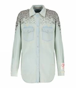 Budget 👍 GOLDEN GOOSE Chemise Boyfriend Golden Cristaux Coton Bleu ⌛