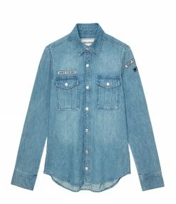 Bon marché 🧨 ZADIG & VOLTAIRE Chemise This Coton Denim Bleu Clair 🧨
