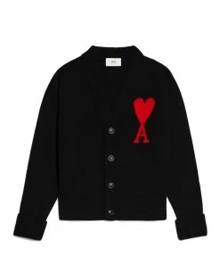 Grosses soldes 💯 AMI PARIS Cardigan Unisexe Ami De Cœur Laine Noir Rouge 🎁