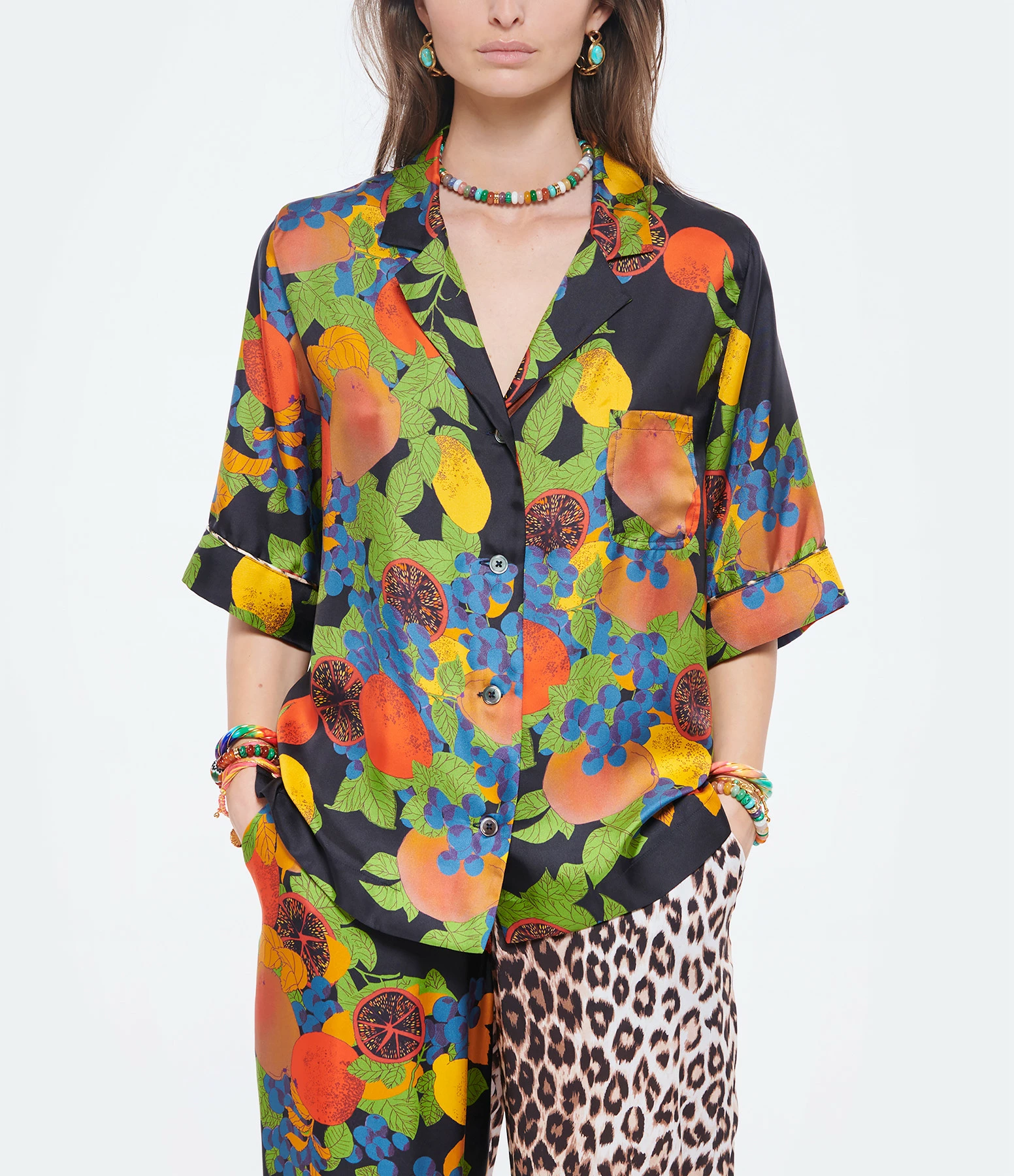 Nouveau ❤️ LA PRESTIC OUISTON Chemise Hawai Soie Imprimé Fruits Noir 🥰 3 Nouveau ❤️ LA PRESTIC OUISTON Chemise Hawai Soie Imprimé Fruits Noir 🥰 – Image 3