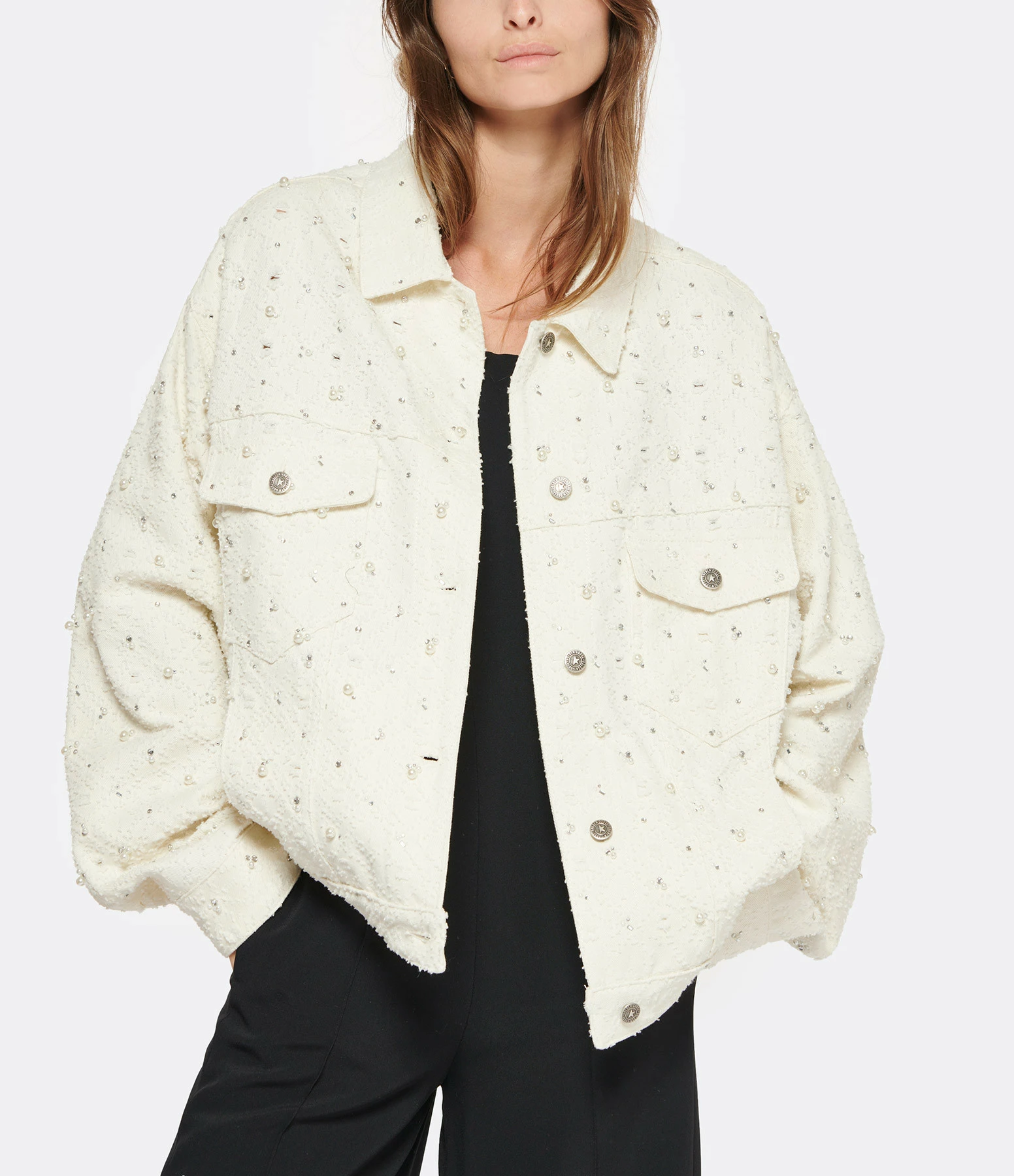 Tout neuf 🎁 GOLDEN GOOSE Veste Journey Cristaux Coton Denim Écru 🎉 3 Tout neuf 🎁 GOLDEN GOOSE Veste Journey Cristaux Coton Denim Écru 🎉 – Image 3