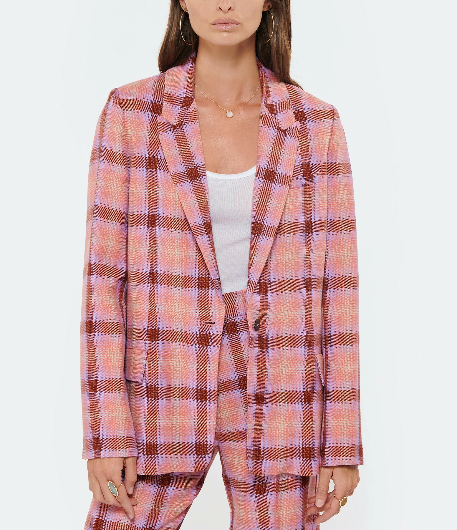 Budget 🎁 FORTE_FORTE Veste Blazer Tartan Laine Vierge Rose Wow 🤩 3 Budget 🎁 FORTE_FORTE Veste Blazer Tartan Laine Vierge Rose Wow 🤩 – Image 3